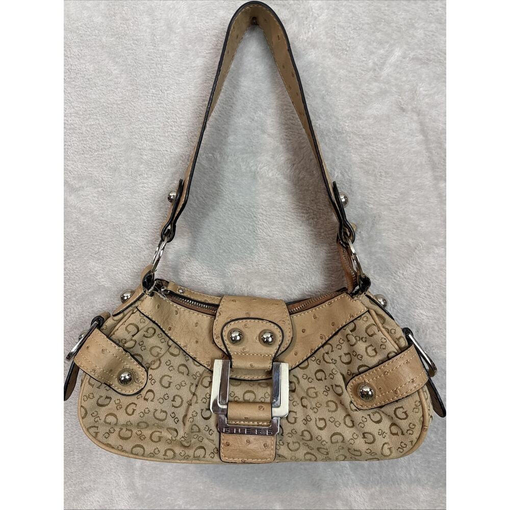 Vtg GUESS Y2K Beige Monogram Shoulder Bag 2000s Stud Chunky Strap Faux Ostrich